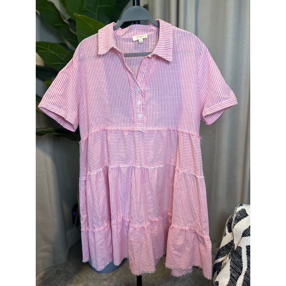 Umgee USA Pink White Striped Tiered Babydoll Dress XL Short Sleeve Collared Boho
